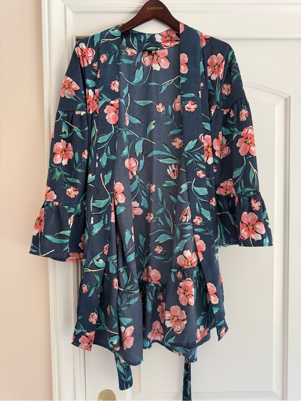 Topshop Floral Blue Kimono Robe with Pink Blooms